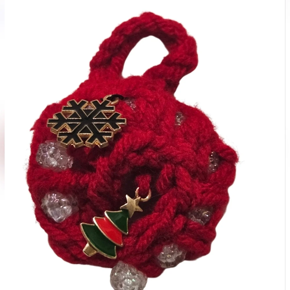 Hand Crafted Hand Crochet Christmas ornaments red beaded 8 mini holiday wreaths